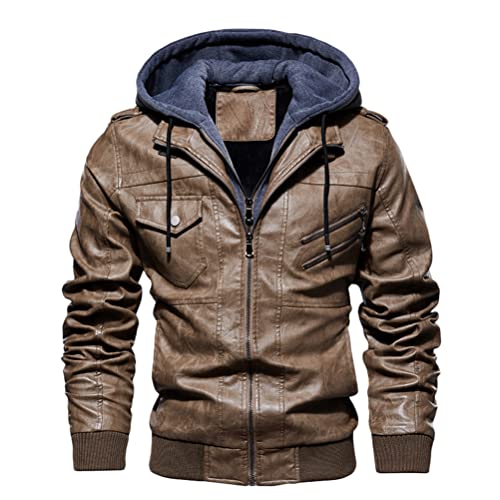 Minetom Jacke Herren PU Lederjacke Kunstleder Bikerjacke mit Kapuze Hoodie Kapuzenjacke Übergangsjacke Freizeitjacke B Khaki XS von Minetom