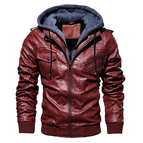 Minetom Jacke Herren PU Lederjacke Kunstleder Bikerjacke mit Kapuze Hoodie Kapuzenjacke Übergangsjacke Freizeitjacke B Rot L von Minetom