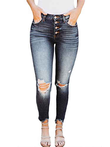 Minetom Jeans Damen Boyfriend Destroyed Jeans Jeanshosen Skinny Slim Fit Lässige Denim Hosen Röhrenjeans Schlank Jeans Zerrissene Hose mit Löchern K Blau L von Minetom