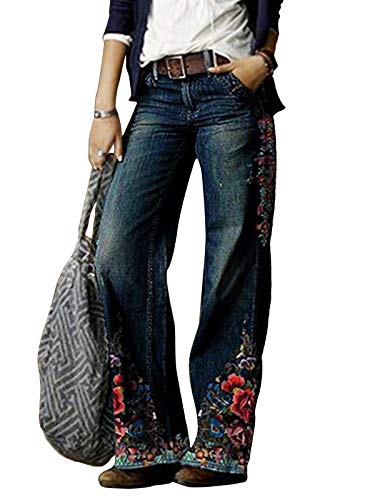 Minetom Jeans Damen Elegant Stretch Jeanshose Bootcut Hose Weites Bein Retro Blumendruck Straight Leg Denim Pants mit Taschen Stil 04 XL von Minetom