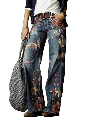 Minetom Jeans Damen Elegant Stretch Jeanshose Bootcut Hose Weites Bein Retro Blumendruck Straight Leg Denim Pants mit Taschen Stil 07 L von Minetom