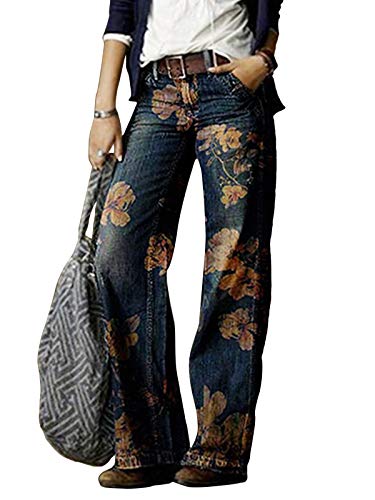 Minetom Jeans Damen Elegant Stretch Jeanshose Bootcut Hose Weites Bein Retro Blumendruck Straight Leg Denim Pants mit Taschen Stil 08 L von Minetom