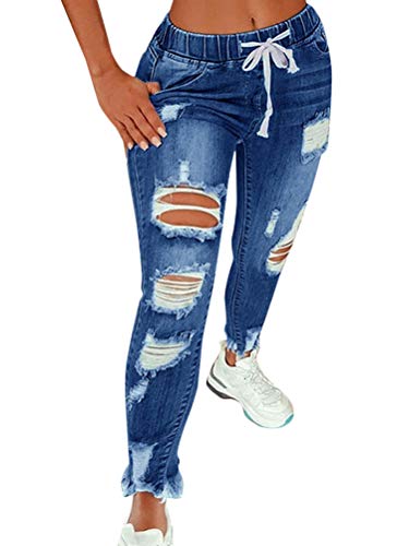 Minetom Jeans Damen Jeanshosen Röhrenjeans Skinny Slim Fit Stretch Boyfriend Jeans Zerrissene Destroyed Jeans Löchern Hose Mit Gummizug A Dunkelblau XS von Minetom