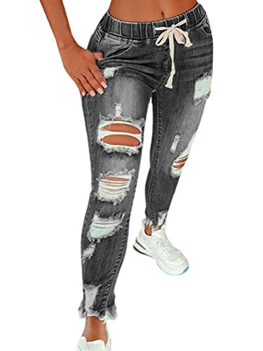 Minetom Jeans Damen Jeanshosen Röhrenjeans Skinny Slim Fit Stretch Boyfriend Jeans Zerrissene Destroyed Jeans Löchern Hose Mit Gummizug A Grau 4XL von Minetom
