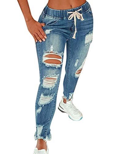 Minetom Jeans Damen Jeanshosen Röhrenjeans Skinny Slim Fit Stretch Boyfriend Jeans Zerrissene Destroyed Jeans Löchern Hose Mit Gummizug A Hellblau M von Minetom