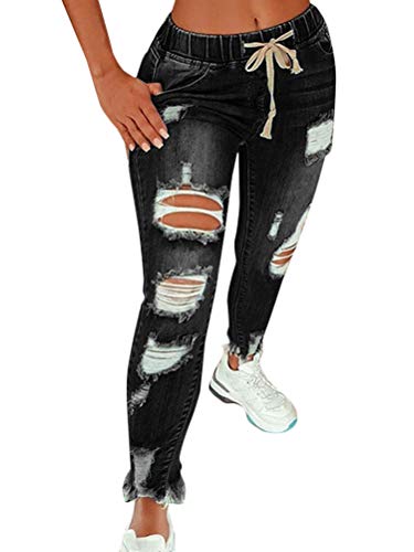 Minetom Jeans Damen Jeanshosen Röhrenjeans Skinny Slim Fit Stretch Boyfriend Jeans Zerrissene Destroyed Jeans Löchern Hose Mit Gummizug A Schwarz M von Minetom