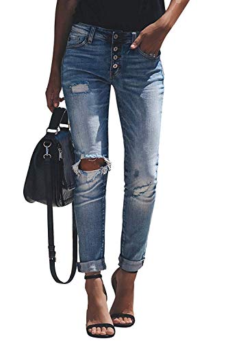 Minetom Jeans Damen Jeanshosen Röhrenjeans Skinny Slim Fit Stretch Boyfriend Zerrissene Destroyed Straight Denim Hose mit Löchern (EU L, C Blau) von Minetom