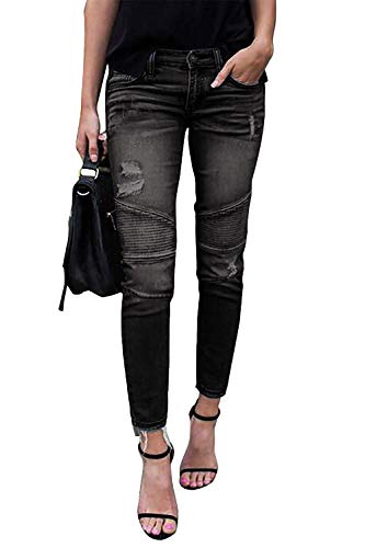 Minetom Jeans Damen Jeanshosen Röhrenjeans Skinny Slim Fit Stretch Boyfriend Zerrissene Destroyed Straight Denim Hose mit Löchern (EU M, A Schwarz) von Minetom