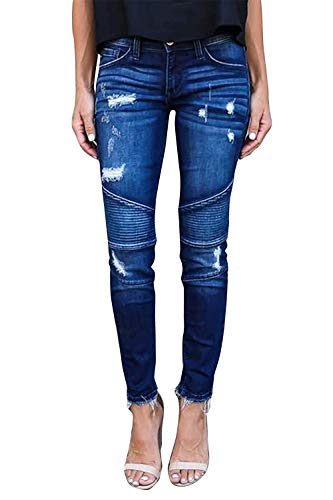 Minetom Jeans Damen Jeanshosen Röhrenjeans Skinny Slim Fit Stretch Boyfriend Zerrissene Destroyed Straight Denim Hose mit Löchern A Blau EU L von Minetom