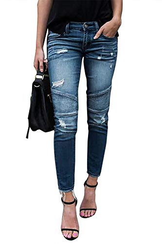 Minetom Jeans Damen Jeanshosen Röhrenjeans Skinny Slim Fit Stretch Boyfriend Zerrissene Destroyed Straight Denim Hose mit Löchern A Hellblau EU XL von Minetom