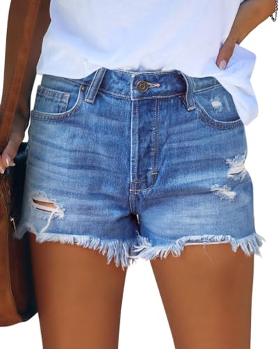 Minetom Jeans Damen Sommer Shorts High Waist Ripped Stretch Denim Hot Pants Destroyed Zerrissener Jeans Strandshorts Boyfriend Caprihose Kurze C Blau M von Minetom