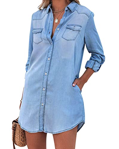 Minetom Jeans Kleider Damen Blusenkleid Hemdkleid Shirtkleid Tunikakleid Jeanskleid Langes Hemd Knopf Langarm Denim Mini Kleid B Blau M Minetom Jeans Kleider Damen Blusenkleid Hemdkleid Shirtkleid Tunikakleid Jeanskleid Langes Hemd Knopf Langarm Denim Mini Kleid B Blau M von Minetom