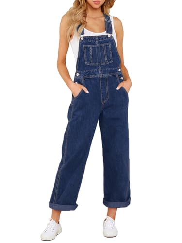 Minetom Jeans Overall Damen Y2K Baggy Latzhose Jeans Casual Stretch Verstellbare Weites Bein Denim Hosen Jumpsuit Mit Taschen B Blau L von Minetom