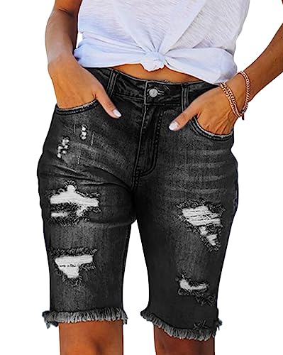 Minetom Jeans Shorts Damen Knielang Zerrissen Sommer Sexy Frauen Kurze Hose Denim Stretch Jeansshorts Bermuda Übergröße Strandshorts Hotpants B1 Schwarz S von Minetom