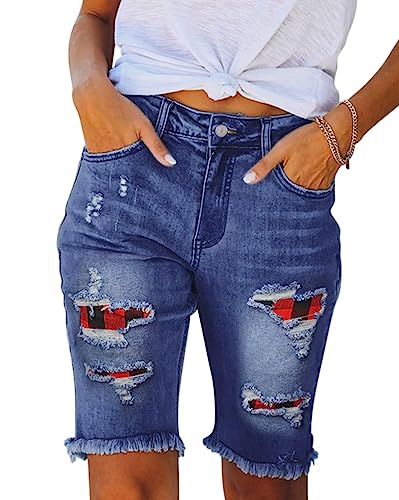 Minetom Jeans Shorts Damen Knielang Zerrissen Sommer Sexy Frauen Kurze Hose Denim Stretch Jeansshorts Bermuda Übergröße Strandshorts Hotpants B2 Blau XL von Minetom
