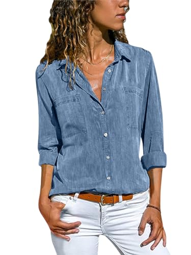 Minetom Jeanshemd Damen Bluse Western Denim Hemden Lässiges Tunika Langarm Button Down Oberteile Mit Tasche Langarmshirt A Blau L von Minetom