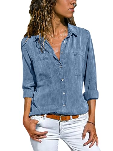 Minetom Jeanshemd Damen Bluse Western Denim Hemden Lässiges Tunika Langarm Button Down Oberteile Mit Tasche Langarmshirt A Blau XXL von Minetom