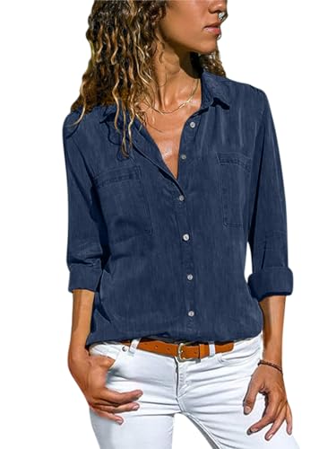 Minetom Jeanshemd Damen Bluse Western Denim Hemden Lässiges Tunika Langarm Button Down Oberteile Mit Tasche Langarmshirt A Dunkelblau M von Minetom