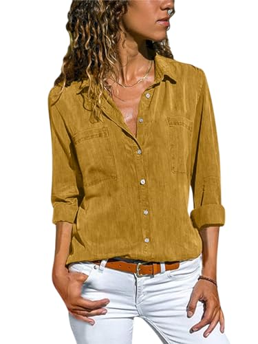 Minetom Jeanshemd Damen Bluse Western Denim Hemden Lässiges Tunika Langarm Button Down Oberteile Mit Tasche Langarmshirt A Gelb XL von Minetom