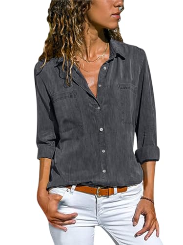 Minetom Jeanshemd Damen Bluse Western Denim Hemden Lässiges Tunika Langarm Button Down Oberteile Mit Tasche Langarmshirt A Grau M von Minetom