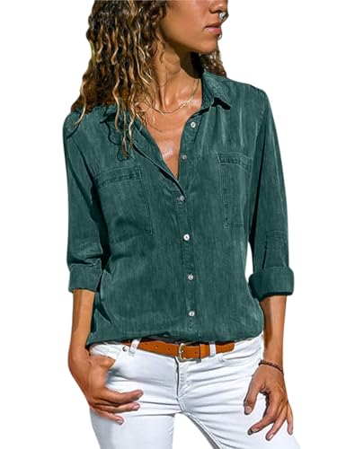 Minetom Jeanshemd Damen Bluse Western Denim Hemden Lässiges Tunika Langarm Button Down Oberteile Mit Tasche Langarmshirt A Grün M von Minetom