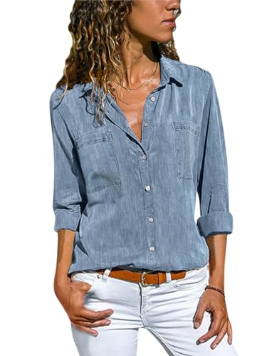 Minetom Jeanshemd Damen Bluse Western Denim Hemden Lässiges Tunika Langarm Button Down Oberteile Mit Tasche Langarmshirt A Hellblau M von Minetom