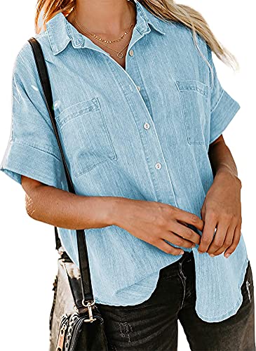 Minetom Jeanshemd Damen Jeans Bluse Kurzarm Shirt Hemdbluse Denim Hemd Tops Frauen Langarm Oberteile T-Shirt A Hellblau L von Minetom