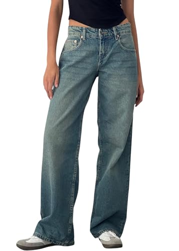 Minetom Jeanshose Damen Boyfriend Jeans Mit Weitem Bein Y2K Baggy Denim Hose Niedrige Leibhöhe Lockere Cargo Jeans Streetwear Hose A Blau 01 XS von Minetom