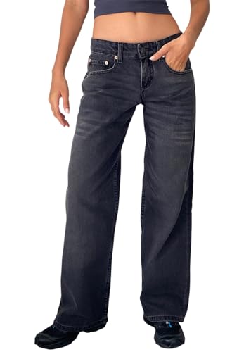 Minetom Jeanshose Damen Boyfriend Jeans Mit Weitem Bein Y2K Baggy Denim Hose Niedrige Leibhöhe Lockere Cargo Jeans Streetwear Hose A Dunkelgrau L von Minetom