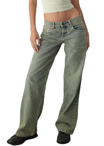 Minetom Jeanshose Damen Boyfriend Jeans Mit Weitem Bein Y2K Baggy Denim Hose Niedrige Leibhöhe Lockere Cargo Jeans Streetwear Hose A Hellgrau XS von Minetom