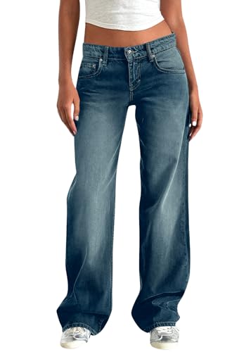 Minetom Jeanshose Damen Boyfriend Jeans Mit Weitem Bein Y2K Baggy Denim Hose Niedrige Leibhöhe Lockere Cargo Jeans Streetwear Hose B Blau 04 L von Minetom