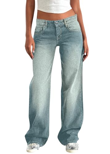 Minetom Jeanshose Damen Boyfriend Jeans Mit Weitem Bein Y2K Baggy Denim Hose Niedrige Leibhöhe Lockere Cargo Jeans Streetwear Hose B Blau 05 M von Minetom