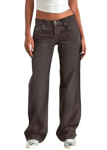 Minetom Jeanshose Damen Boyfriend Jeans Mit Weitem Bein Y2K Baggy Denim Hose Niedrige Leibhöhe Lockere Cargo Jeans Streetwear Hose B Braun M von Minetom