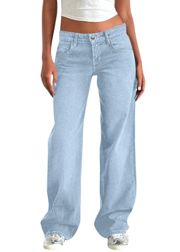 Minetom Jeanshose Damen Boyfriend Jeans Mit Weitem Bein Y2K Baggy Denim Hose Niedrige Leibhöhe Lockere Cargo Jeans Streetwear Hose B Hellblau XL von Minetom