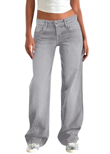 Minetom Jeanshose Damen Boyfriend Jeans Mit Weitem Bein Y2K Baggy Denim Hose Niedrige Leibhöhe Lockere Cargo Jeans Streetwear Hose B Hellgrau M von Minetom