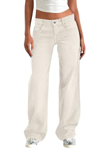 Minetom Jeanshose Damen Boyfriend Jeans Mit Weitem Bein Y2K Baggy Denim Hose Niedrige Leibhöhe Lockere Cargo Jeans Streetwear Hose B Weiß M von Minetom