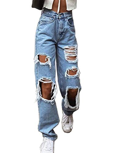 Minetom Jeanshosen für Frauen High Waist Asymmetrische Loch Jeans Casual Baggy Gerade Jeanshose Stretch Denim Pants Bootcut Jeans Freizeithose Streetwear M Blau L von Minetom