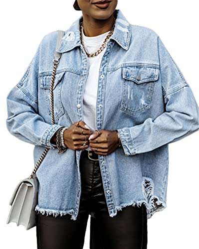 Minetom Jeansjacke Damen Casual Jeans Jacke Übergangsjacke Herbst Winter Denim Jacke Langarm Mantel Tops D Hellblau M von Minetom