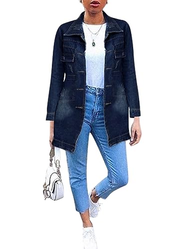 Minetom Jeansjacke Damen Jacke Denim Jean Mantel Outwear Lange Ärmel Lange Slim Fit Übergangsjacke Mit Knöpfen Winter Herbst Trucker Jacke Mit Tasche A Dunkelblau XS Minetom Jeansjacke Damen Jacke Denim Jean Mantel Outwear Lange Ärmel Lange Slim Fit Übergangsjacke Mit Knöpfen Winter Herbst Trucker Jacke Mit Tasche A Dunkelblau XS von Minetom