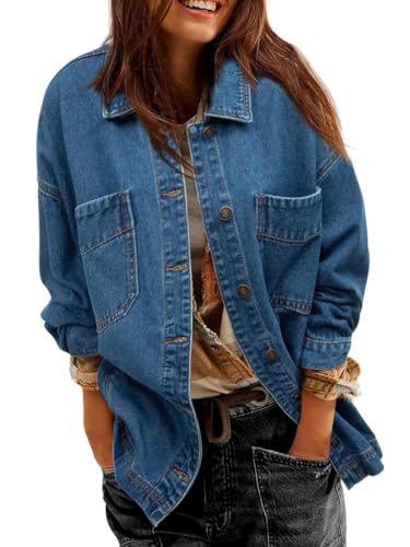 Minetom Jeansjacken Damen Oversized Jean Langarm Trucker Boyfriend Jacke Mit Tasche Button Down Denim Jacket Frühling Und Herbst A Blau XL von Minetom