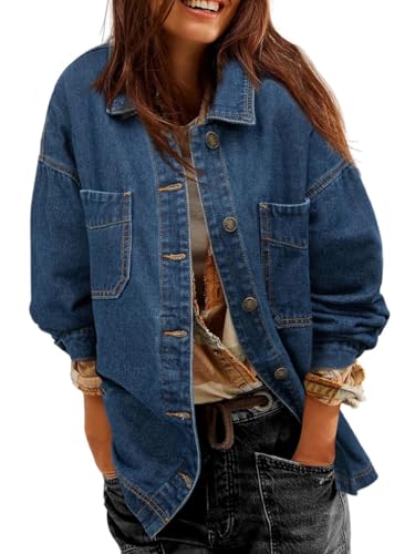 Minetom Jeansjacken Damen Oversized Jean Langarm Trucker Boyfriend Jacke Mit Tasche Button Down Denim Jacket Frühling Und Herbst A Dunkelblau L von Minetom