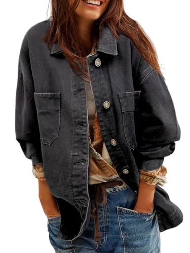 Minetom Jeansjacken Damen Oversized Jean Langarm Trucker Boyfriend Jacke Mit Tasche Button Down Denim Jacket Frühling Und Herbst A Grau M von Minetom