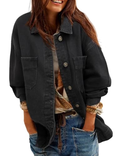 Minetom Jeansjacken Damen Oversized Jean Langarm Trucker Boyfriend Jacke Mit Tasche Button Down Denim Jacket Frühling Und Herbst A Schwarz L von Minetom