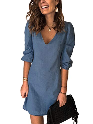 Minetom Jeanskleid Sommerkleid Damen V-Ausschnitt Jeans Kleider Kurzarm Strandkleider Boho Knielang Kleid Denimkleid Einfarbig A-Linie Kleid Partykleid Dunkelblau S von Minetom
