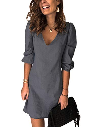 Minetom Jeanskleid Sommerkleid Damen V-Ausschnitt Jeans Kleider Kurzarm Strandkleider Boho Knielang Kleid Denimkleid Einfarbig A-Linie Kleid Partykleid Grau XL Minetom Jeanskleid Sommerkleid Damen V-Ausschnitt Jeans Kleider Kurzarm Strandkleider Boho Knielang Kleid Denimkleid Einfarbig A-Linie Kleid Partykleid Grau XL von Minetom