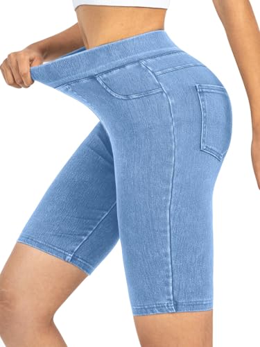 Minetom Jeggings Damen Stretch Skinny Capri Jeans Denim Leggings High Waist Shorts Yogahose Kurz Jogginghose Streetwear A Blau L von Minetom