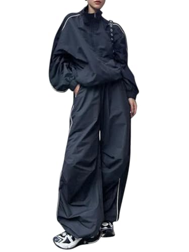 Minetom Jogginganzug Damen Y2K Set Trainingsanzug Zweiteiler Frauen Sport Anzug Freizeitanzug Zipper Jacke + Lange Hose Outfit Streetwear B Schwarz M von Minetom