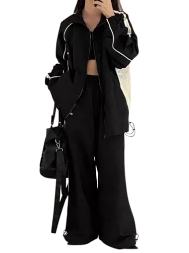 Minetom Jogginganzug Damen Y2K Set Trainingsanzug Zweiteiler Frauen Sport Anzug Freizeitanzug Zipper Jacke + Lange Hose Outfit Streetwear C Schwarz M von Minetom