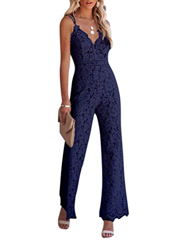 Minetom Jumpsuit Damen Blumen Spitze V-Ausschnitt Ärmelloser Lang Jumpsuit Langarm Overall Cocktail Party Festlich Hosenanzug Playsuit Romper Für Hochzeit A Marine S von Minetom