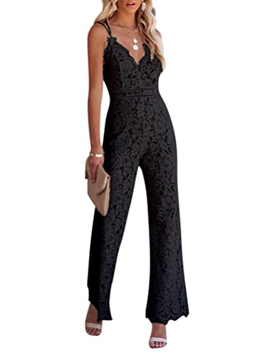 Minetom Jumpsuit Damen Blumen Spitze V-Ausschnitt Ärmelloser Lang Jumpsuit Langarm Overall Cocktail Party Festlich Hosenanzug Playsuit Romper Für Hochzeit A Schwarz M von Minetom